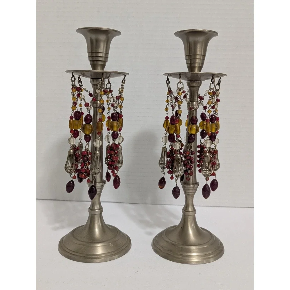 Vintage pair silver toned beaded dangles candle stick holders